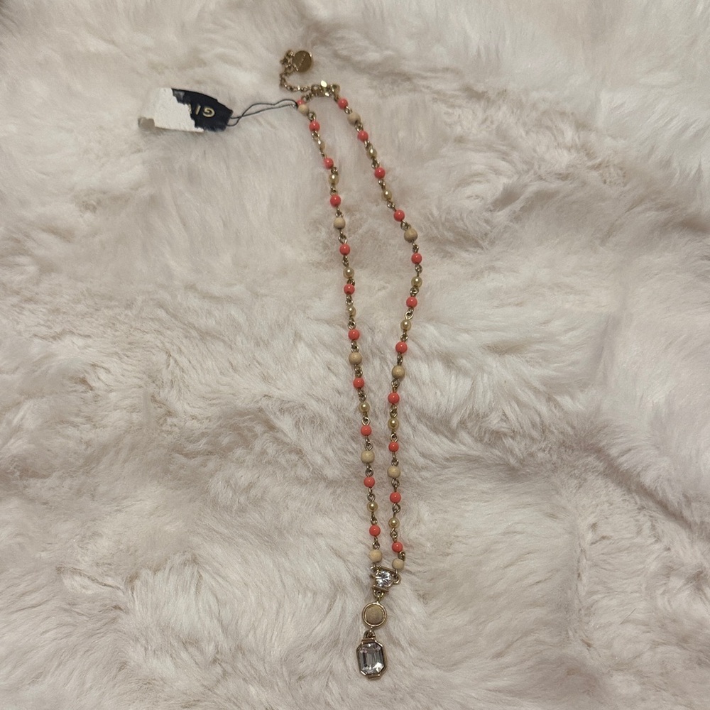 Givenchy Gold-Tone Necklace with Coral and Cream Beads and Clear Pendant